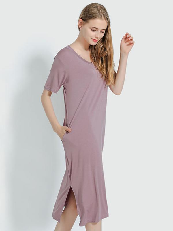 Simple Short Sleeves Loose Split-Side Solid Color V-Neck Pajamas Dress Product Image