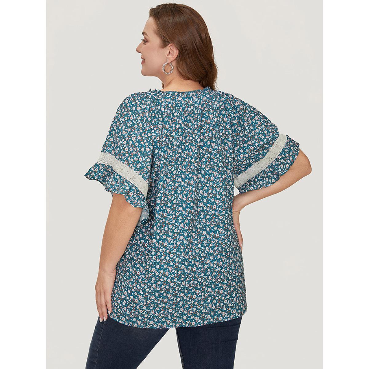 Plus Size Aegean Ditsy Floral Frill Trim Lace Ruffle Sleeve Tie Neck Blouse Women Elegant Short sleeve Tie Neck Dailywear Blouses BloomChic 18-20/2X Product Image