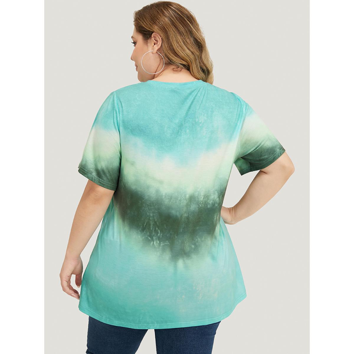 Plus Size Tie Dye Drop Shoulder Round Neck T-shirt Green Women Casual Ombre Round Neck Dailywear T-shirts BloomChic 10/M Product Image