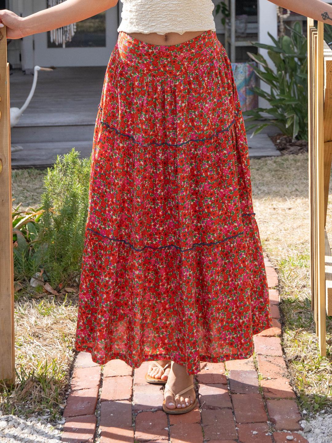 Karlie Tiered Maxi Skirt - Red Pink Azaleas Product Image