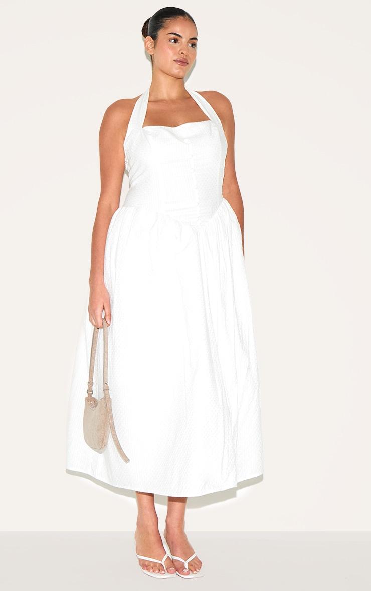 Plus White Embroidered Cotton Halterneck Midaxi Dress Product Image