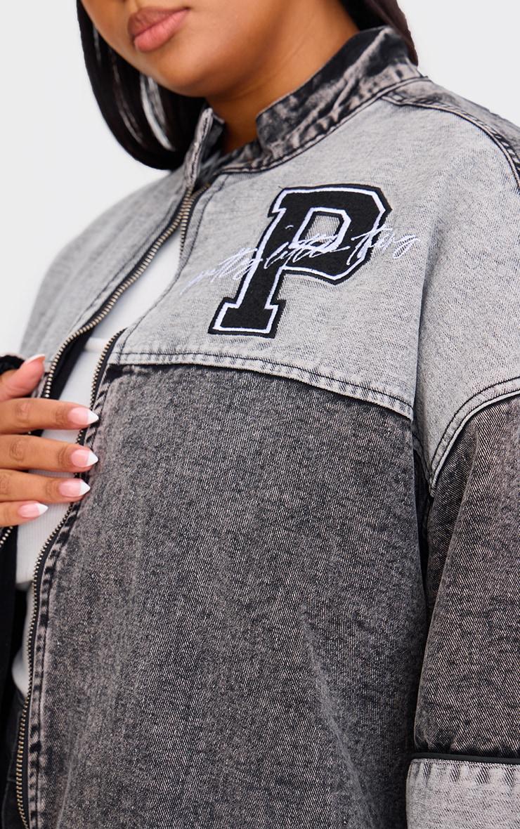 Plus Black Oversized Denim Varsity Bomber Jacket Product Image