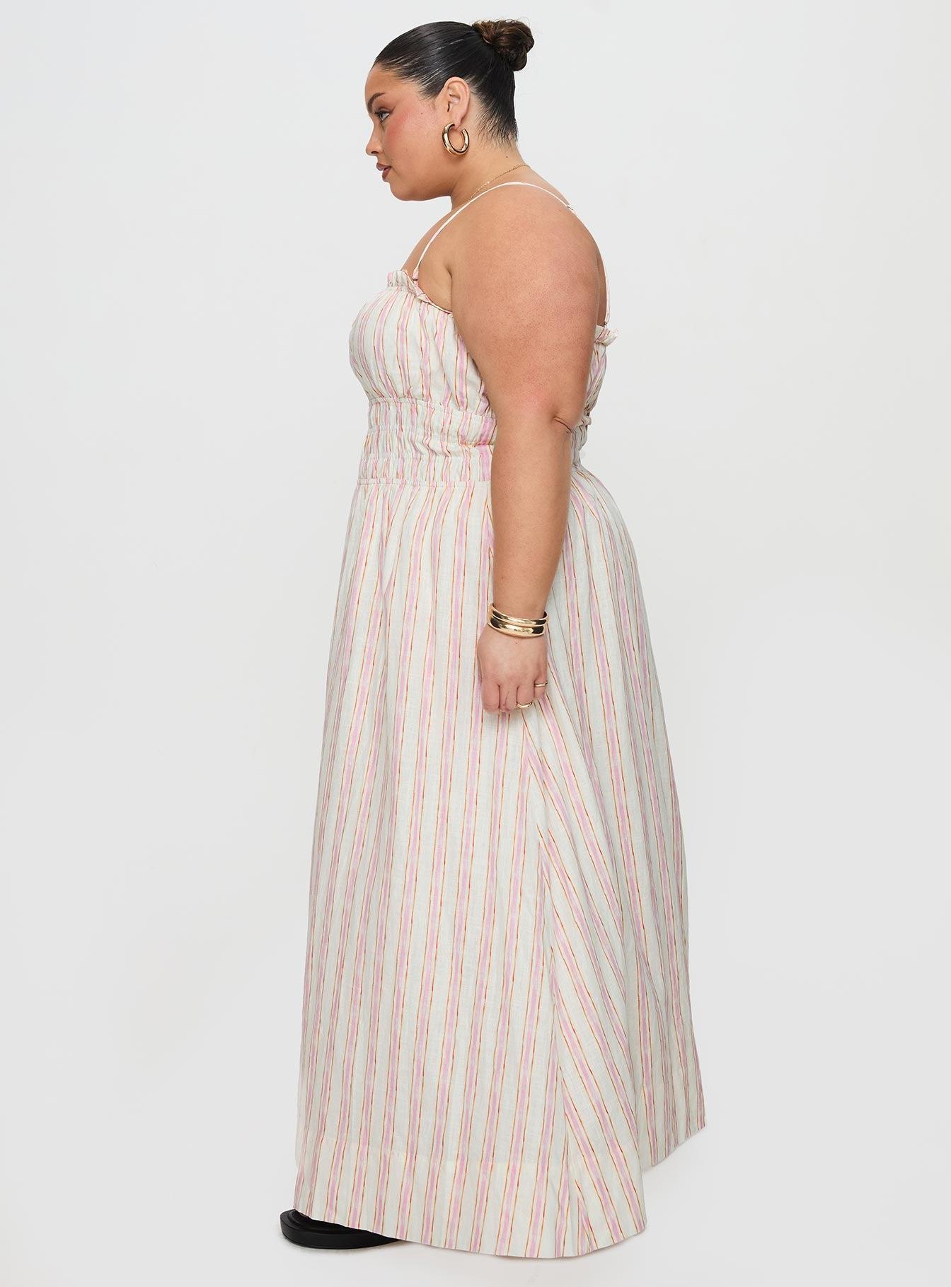 Persephone Shirring Linen Maxi Dress Pink Stripe Curve Product Image