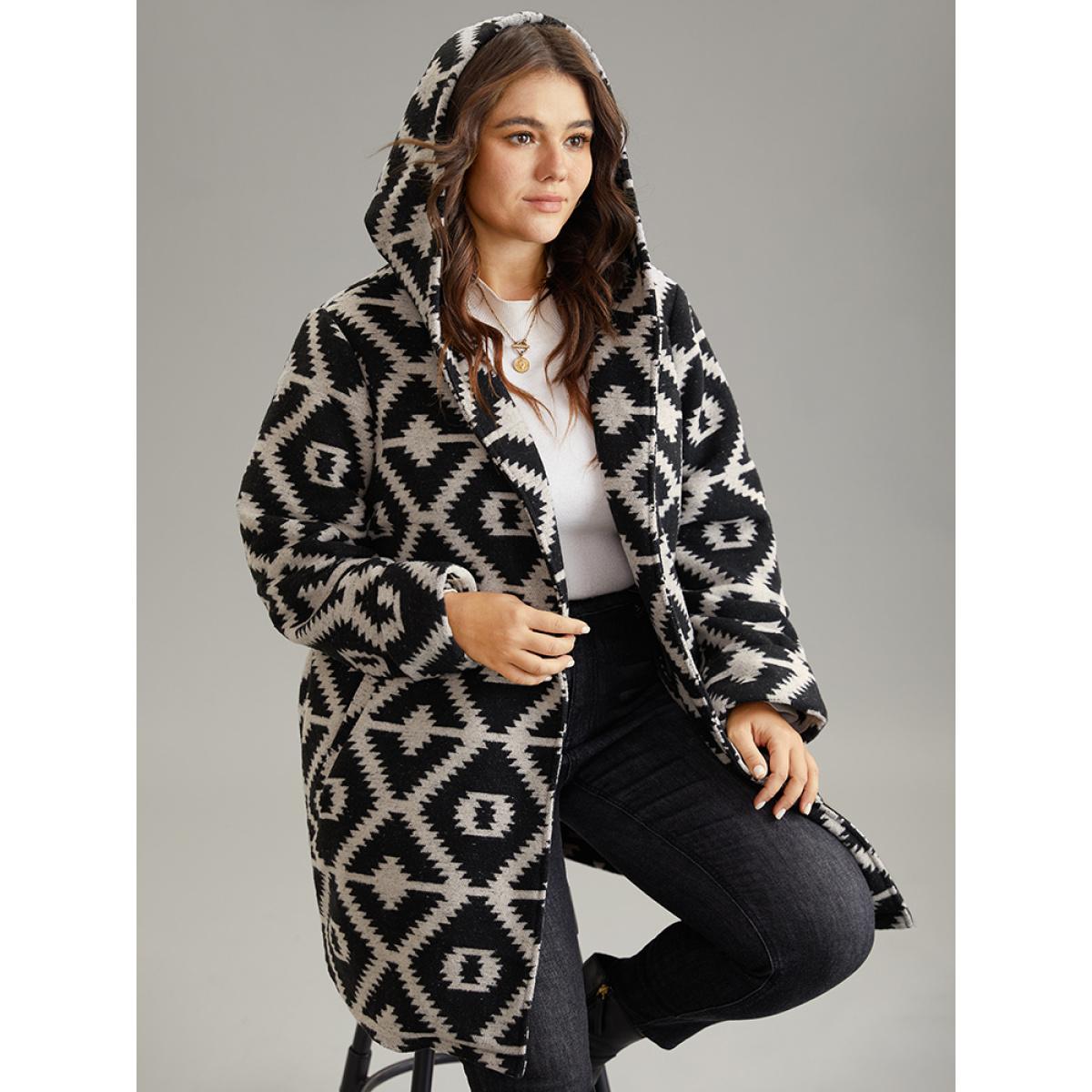 Plus Size Geometric Lapel Collar Pocket Belted Coat Women DarkGray Casual Belted Ladies Dailywear Winter Coats BloomChic 30/6X Product Image