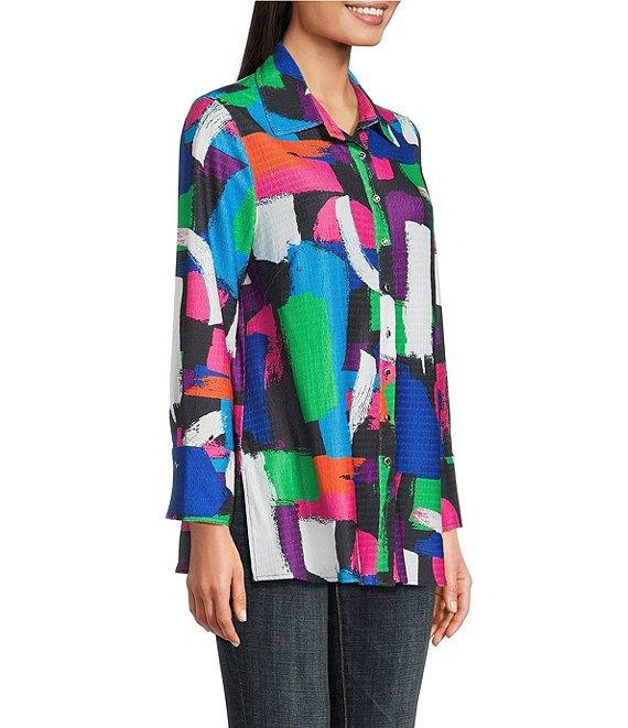 Calessa Textured Knit Geometric Multicolor Point Collar Long Sleeve Button Front Tunic Product Image