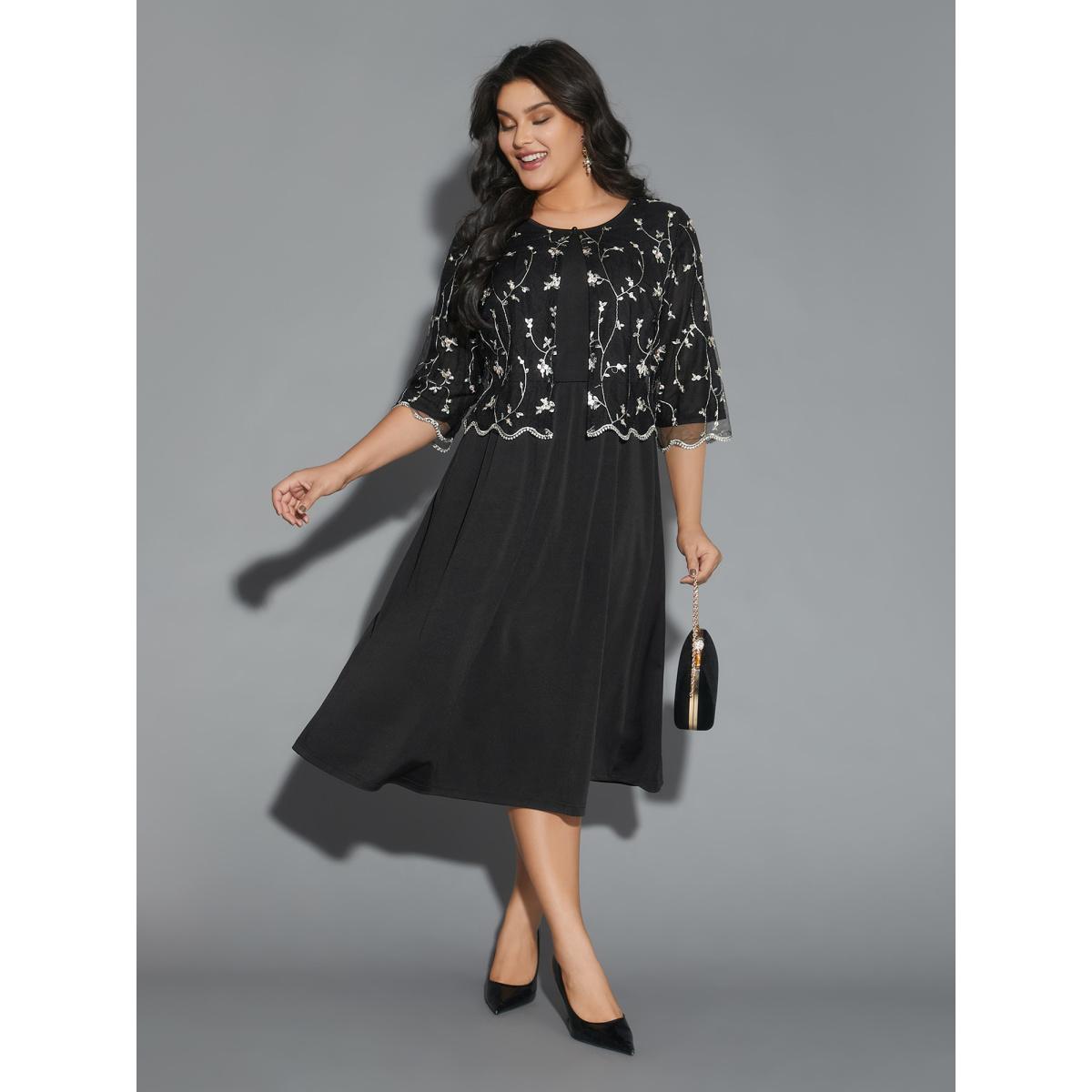 Plus Size Round Neck Floral Embroidered Dress Black Women Cocktail Texture Party Curvy Bloomchic 18-20/2X Product Image