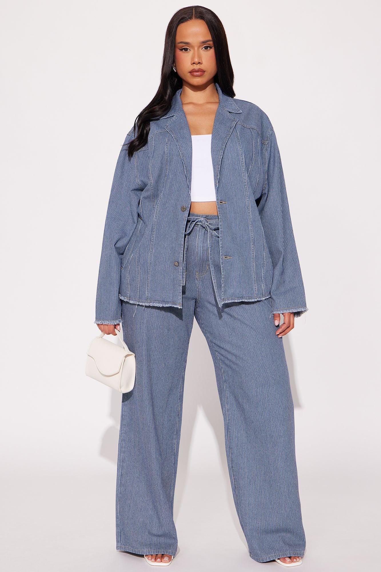 Laid Back Pinstripe Oversized Denim Blazer - Dark Wash Product Image