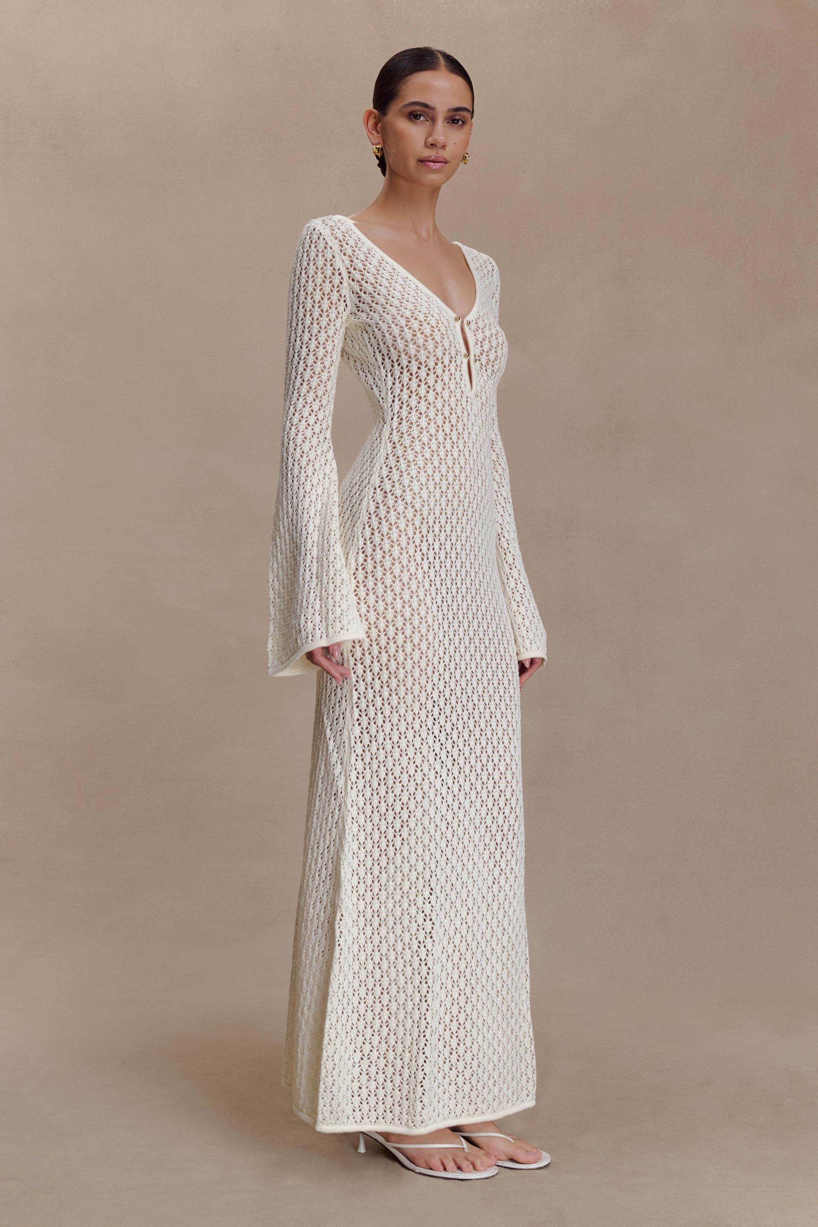 Kayleigh Crochet Fishtail Flare Sleeve Maxi Dress - White Product Image