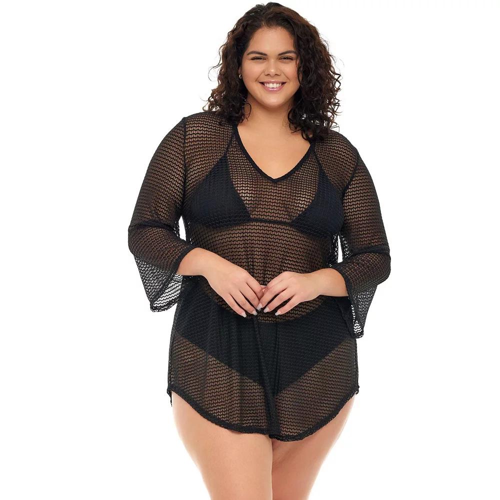Plus Size Jordan Taylor Bell-Sleeve Swim Cover-Up Tunic, Women's, Size: 1XL, Black Product Image