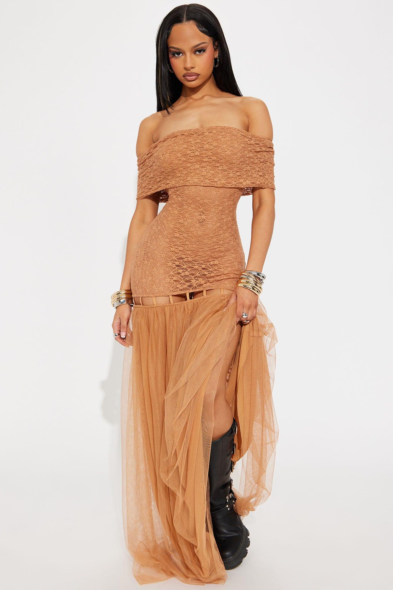 Under The Desert Sun Crochet Maxi Dress - Tan Product Image