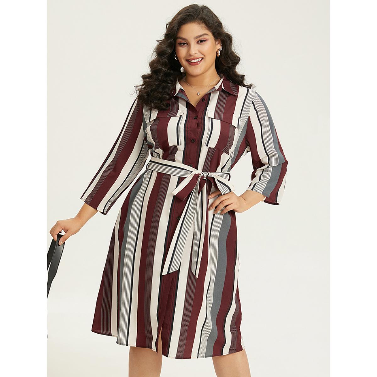 Plus Size Striped Contrast Pocket Button Through Belted Shirt Collar Dress Multicolor Women Work From Home Belted Shirt collar Elbow-length sleeve Curvy Midi Dress BloomChic 30/6X Product Image