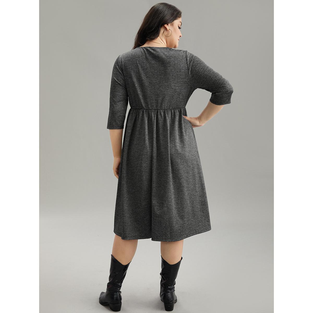 Plus Size Plain Textured Pocket Elastic Waist Gathered Dress DarkGray Women Casual Texture Round Neck Elbow-length sleeve Curvy Midi Dress BloomChic 22-24/3X Product Image