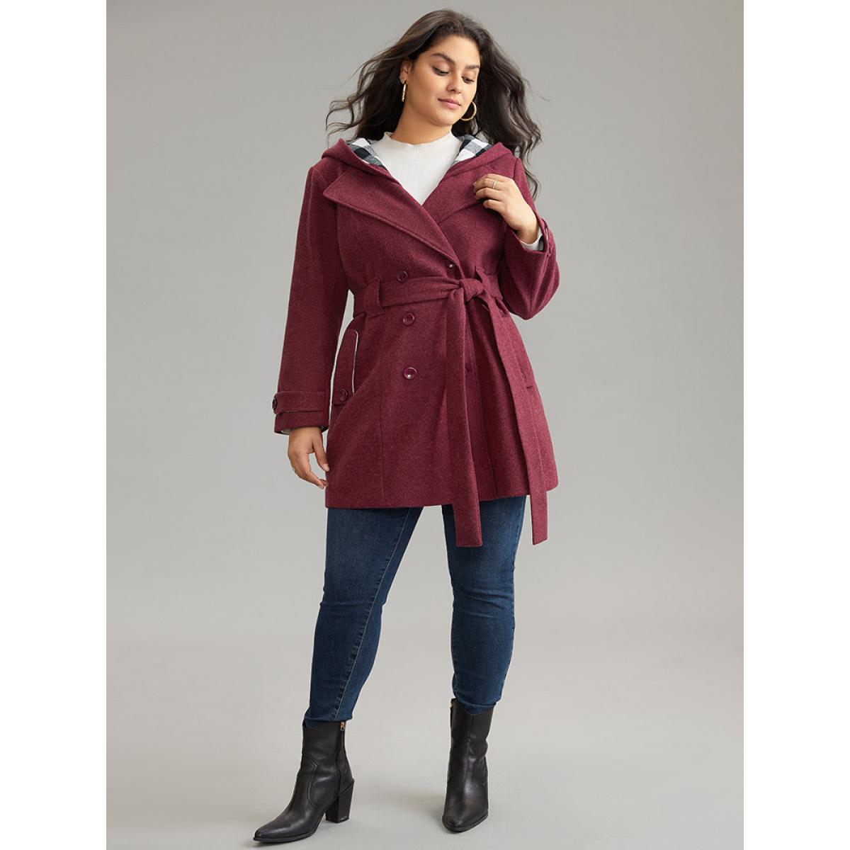 Plus Size Plaid Patchwork Double Breasted Belted Hooded Coat Women Burgundy Casual Lined Ladies Dailywear Winter Coats BloomChic 18-20/2X Product Image