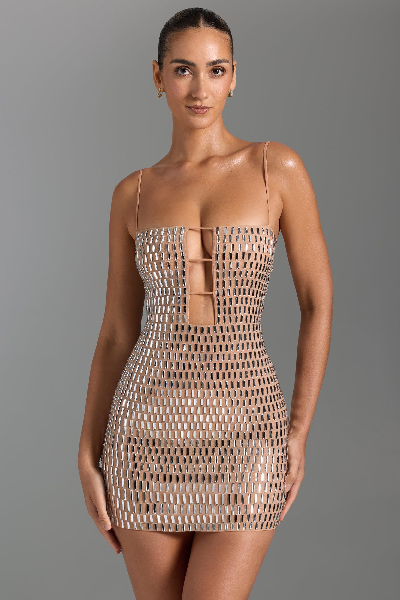 Embellished Cut-Out Mini Dress in Honey Product Image