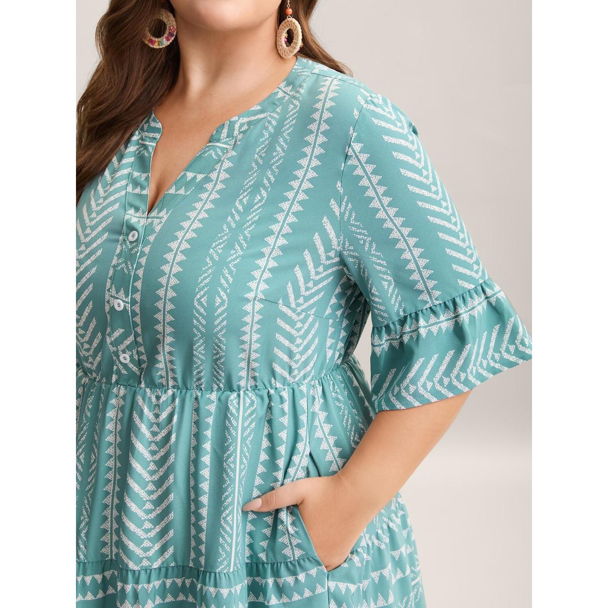 Plus Size Boho Stripe Print Stretchy Waist Midi Dress Turquoise Women Resort Button Flat collar with V-notch Half Sleeve Curvy BloomChic 12/L Product Image