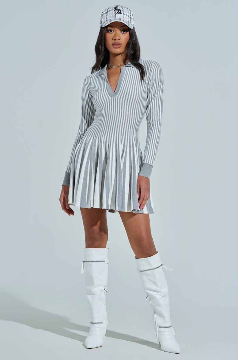 ALINA PLEATED KNIT FIT AND FLARE MINI DRESS WITH LONG SLEEVES IN GREY MULTI Product Image