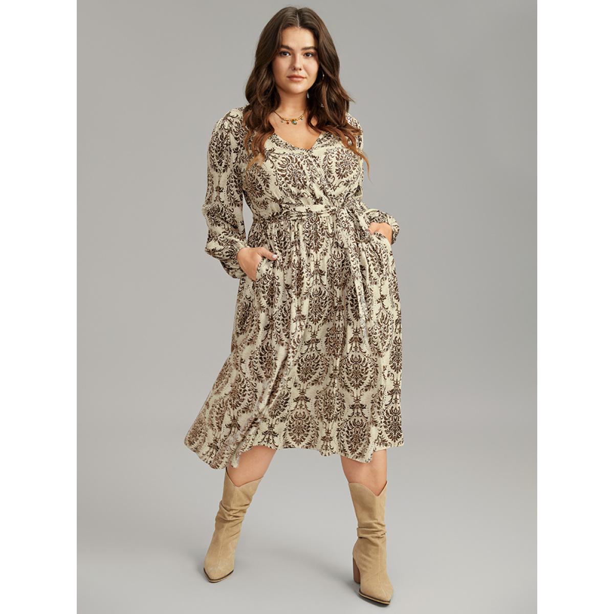 Plus Size Supersoft Essentials Boho Print Elastic Waist Belted Dress Tan Women Vacation Elastic cuffs Overlap Collar Long Sleeve Curvy Midi Dress BloomChic 14-16/1X Product Image