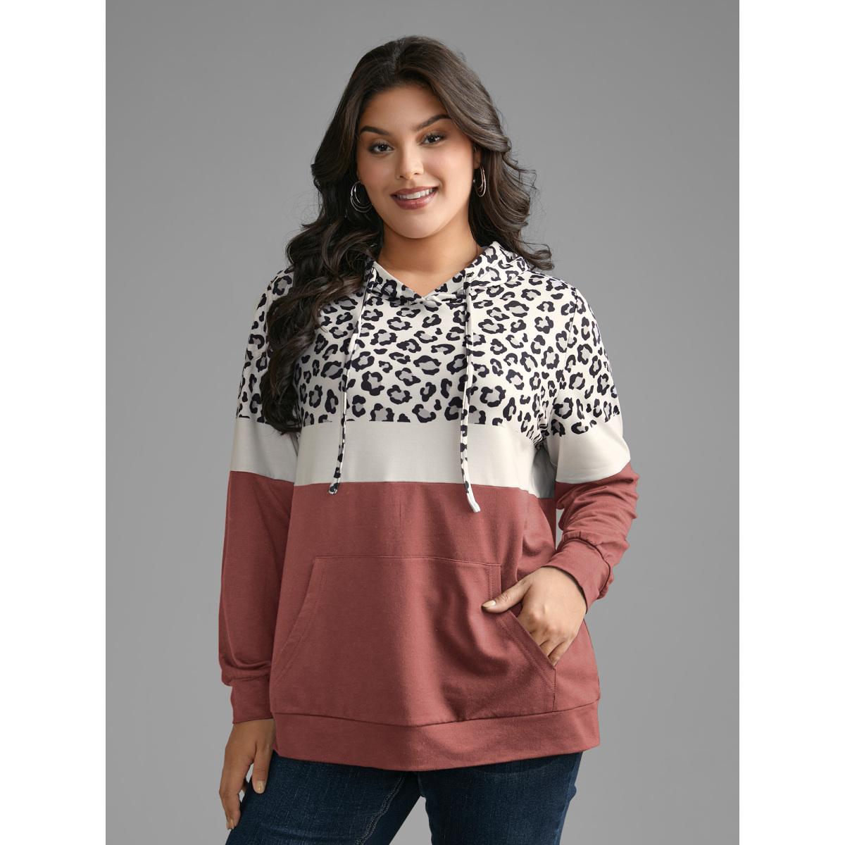 Plus Size Leopard Print Patchwork Contrast Drawstring Sweatshirt Women DustyPink Casual Contrast Hooded Everyday Sweatshirts BloomChic 14-16/1X Product Image