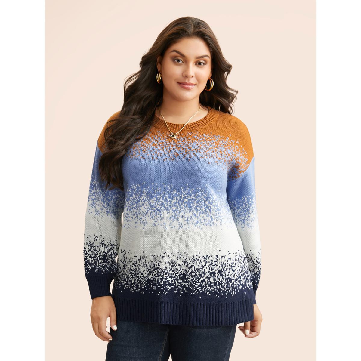 Plus Size Gradient Dyeing Contrast Drop Shoulder Pullover Indigo Women Casual Loose Long Sleeve Round Neck Everyday Pullovers BloomChic 26/4X Product Image