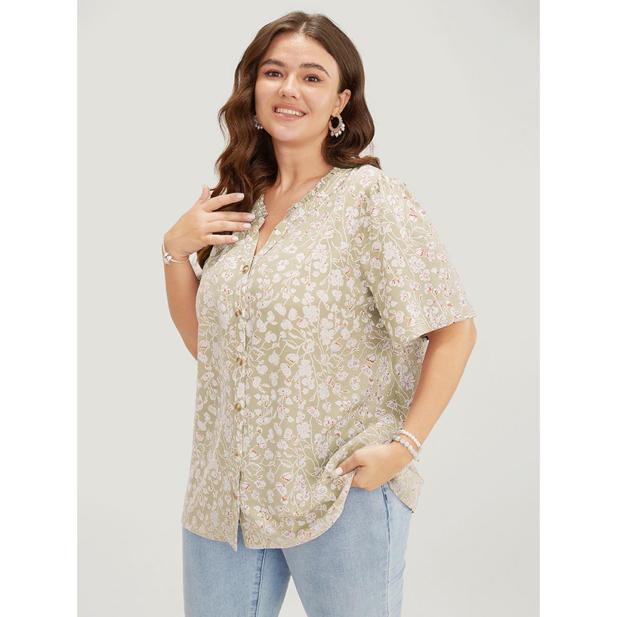 Plus Size Apricot Ditsy Floral Button Up Frill Trim Notched Blouse Women Elegant Short sleeve Notched collar Dailywear Blouses BloomChic 26/4X Product Image