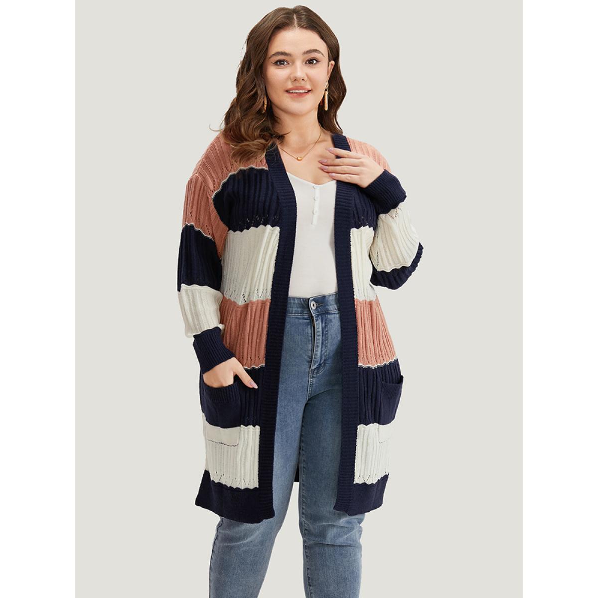 Plus Size Colorblock Contrast Eyelet Open Front Cardigan Multicolor Women Casual Loose Long Sleeve Dailywear Cardigans BloomChic 30/6X Product Image