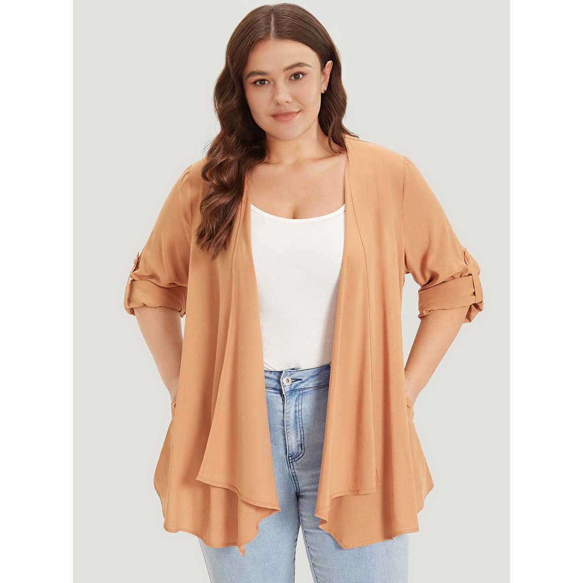 Plus Size Supersoft Essentials Plain Pocket Button Asymmetrical Hem Kimono Women Tan Casual Asymmetrical Pocket Dailywear Kimonos BloomChic 10/M Product Image