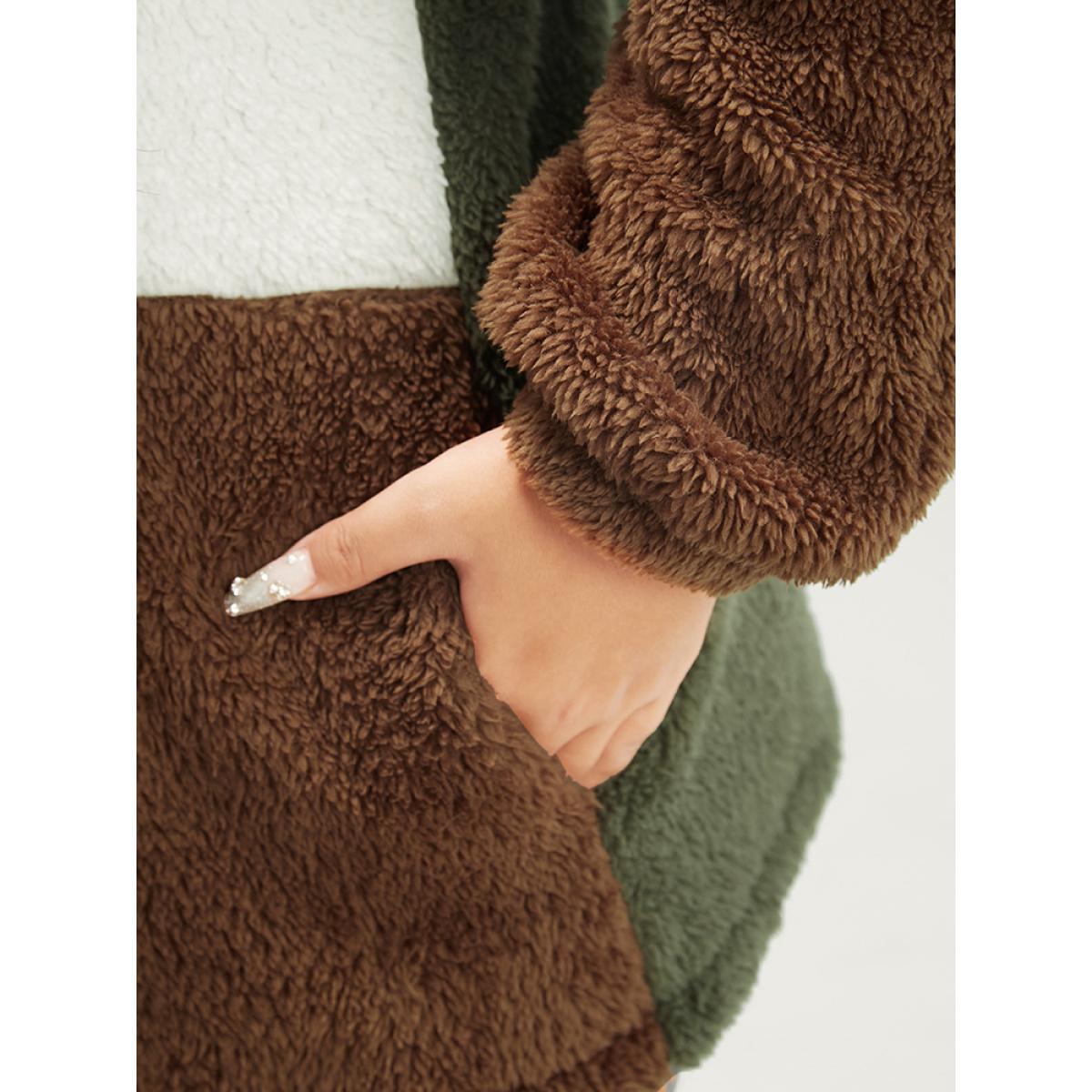 Plus Size Colorblock Contrast Pocket Zip Up Coat Women ArmyGreen Casual Contrast Ladies Dailywear Winter Coats BloomChic 18-20/2X Product Image