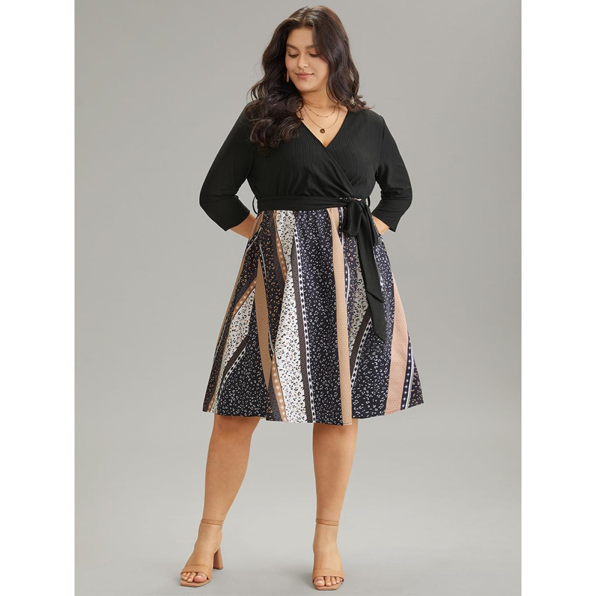 Plus Size Colorblock Striped Belted Pocket Patchwork Dress Leopard Women Vacation Texture Overlap Collar Elbow-length sleeve Curvy Midi Dress BloomChic 26/4X Product Image