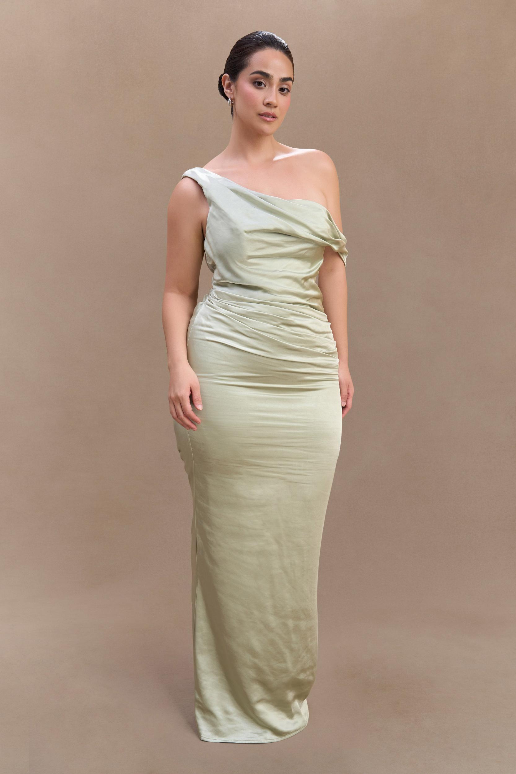 Dalia Off Shoulder Satin Maxi Dress - Sage Product Image