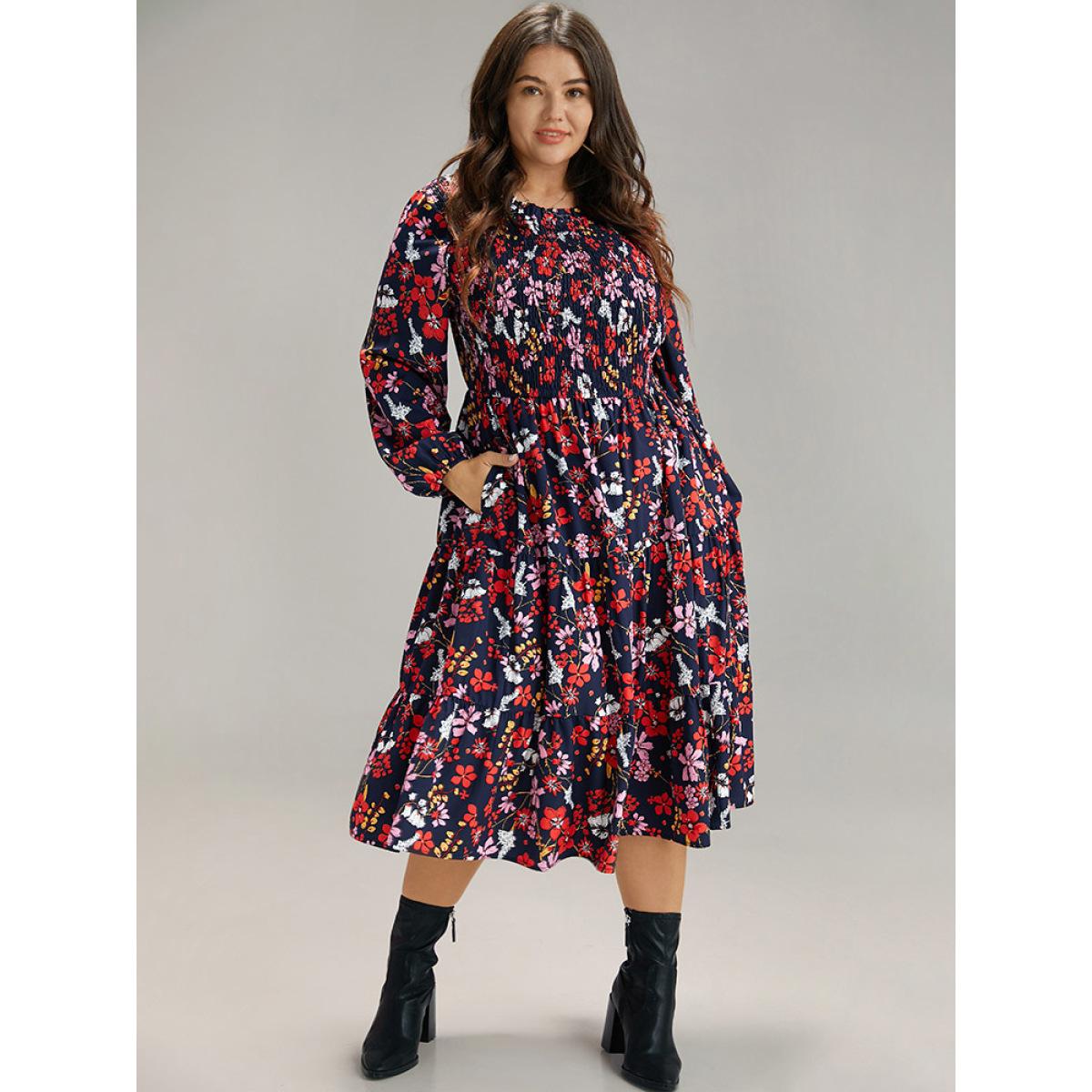 Plus Size Floral Print Keyhole Shirred Dress DarkBlue Women Elegant Elastic cuffs Mock Neck Long Sleeve Curvy Midi Dress BloomChic 14-16/1X Product Image