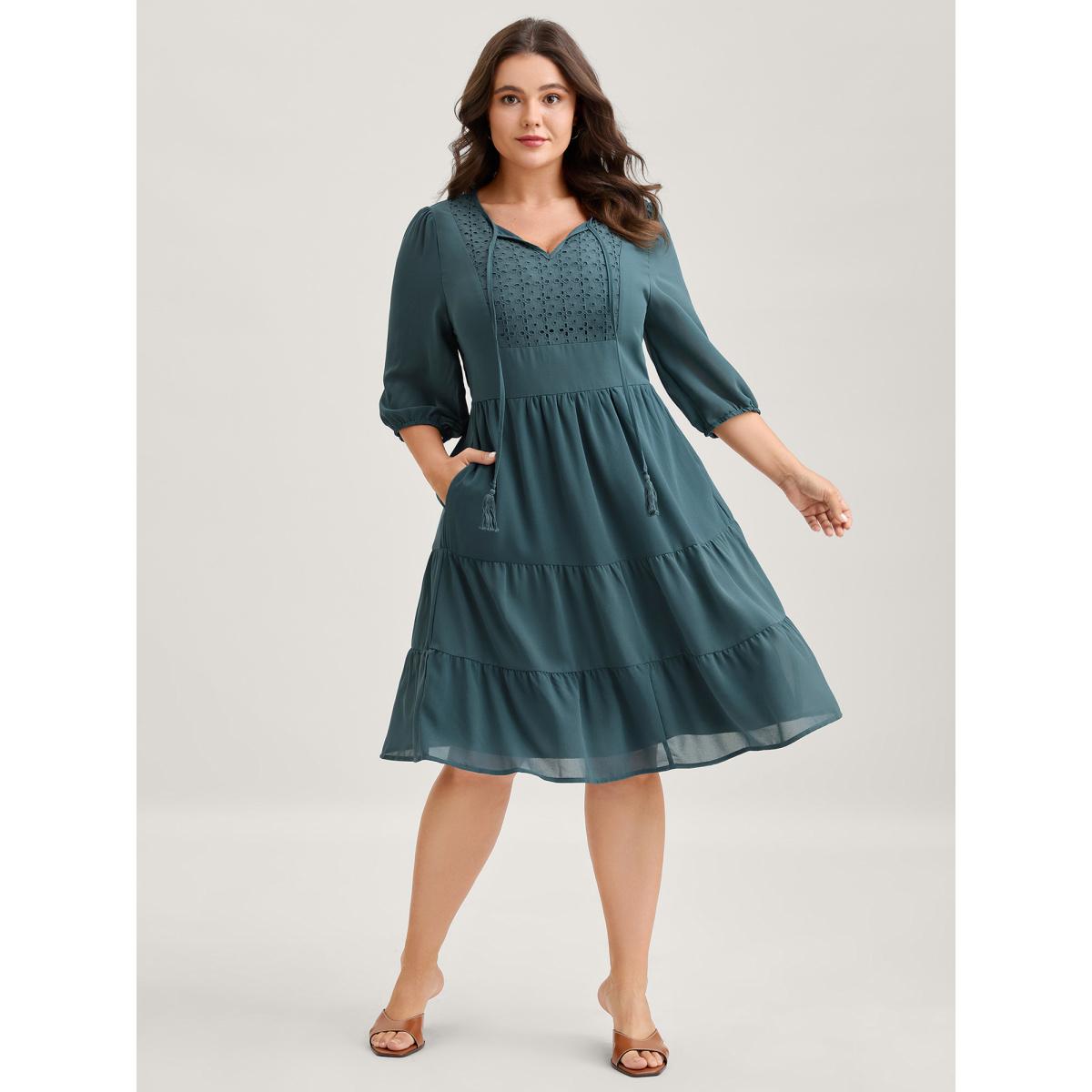 Plus Size Texture Tiered Tassel Solid Midi Dress Cyan Women Timeless Tie knot Flat collar Long Sleeve Curvy BloomChic 22-24/3X Product Image