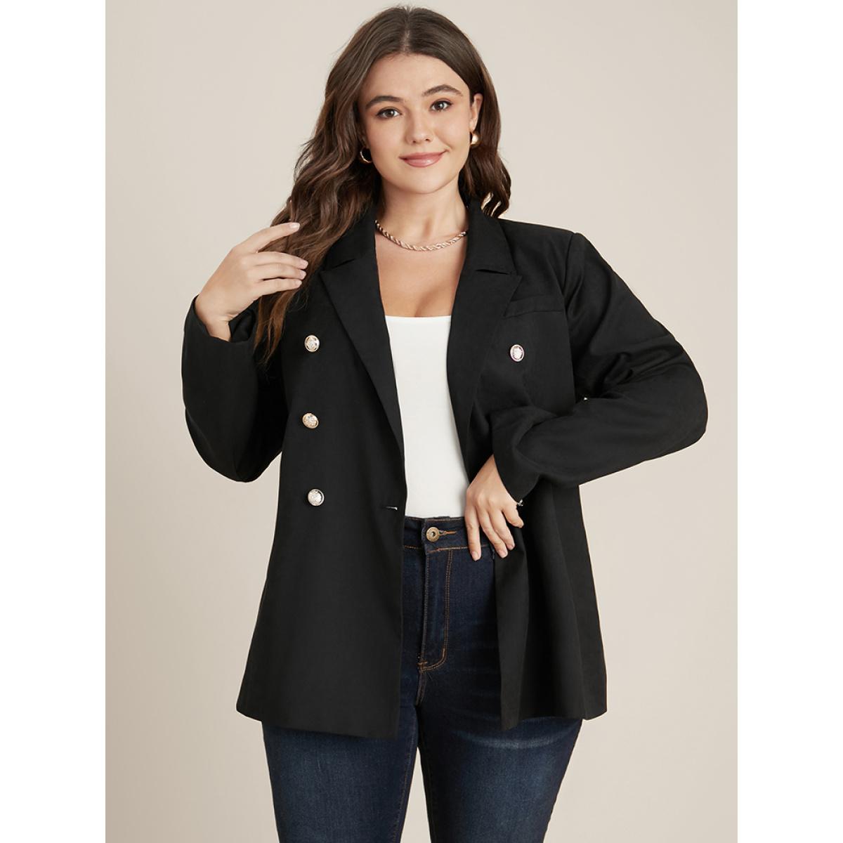 Plus Size Solid Button Up Suit Collar Blazer Black Women Office Plain Button Sleeve Long Sleeve Suit Collar 22-24/3X Office Blazers BloomChic Product Image