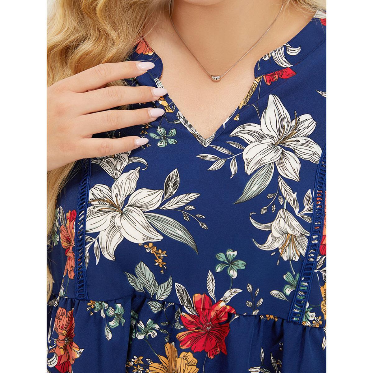 Plus Size Indigo Floral Lantern Sleeve Lace Gathered Notched Blouse Women Elegant Elbow-length sleeve Notched collar Dailywear Blouses BloomChic 26/4X Product Image