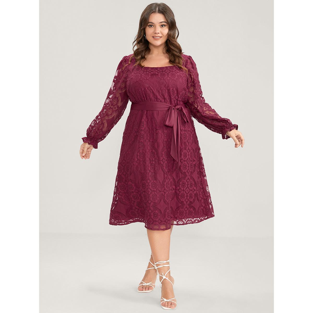 Plus Size Solid Square Neck Lantern Sleeve Belted Lace Dress Scarlet Women Glamour Belted Square Neck Long Sleeve Curvy Midi Dress BloomChic 26/4X Product Image