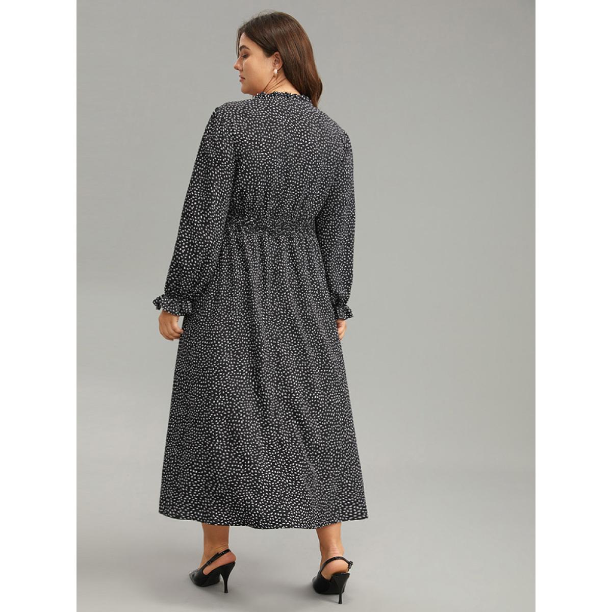 Plus Size Water Drop Print Shirred Frill Trim Tie Neck Dress BlackFlower Women Office Cross straps Tie Neck Long Sleeve Curvy Midi Dress BloomChic 18-20/2X Product Image