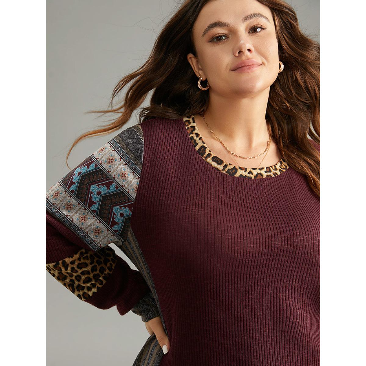 Plus Size Leopard Boho Print Round Neck Contrast Sweatshirt Women Burgundy Elegant Texture Round Neck Dailywear Sweatshirts BloomChic 14-16/1X Product Image