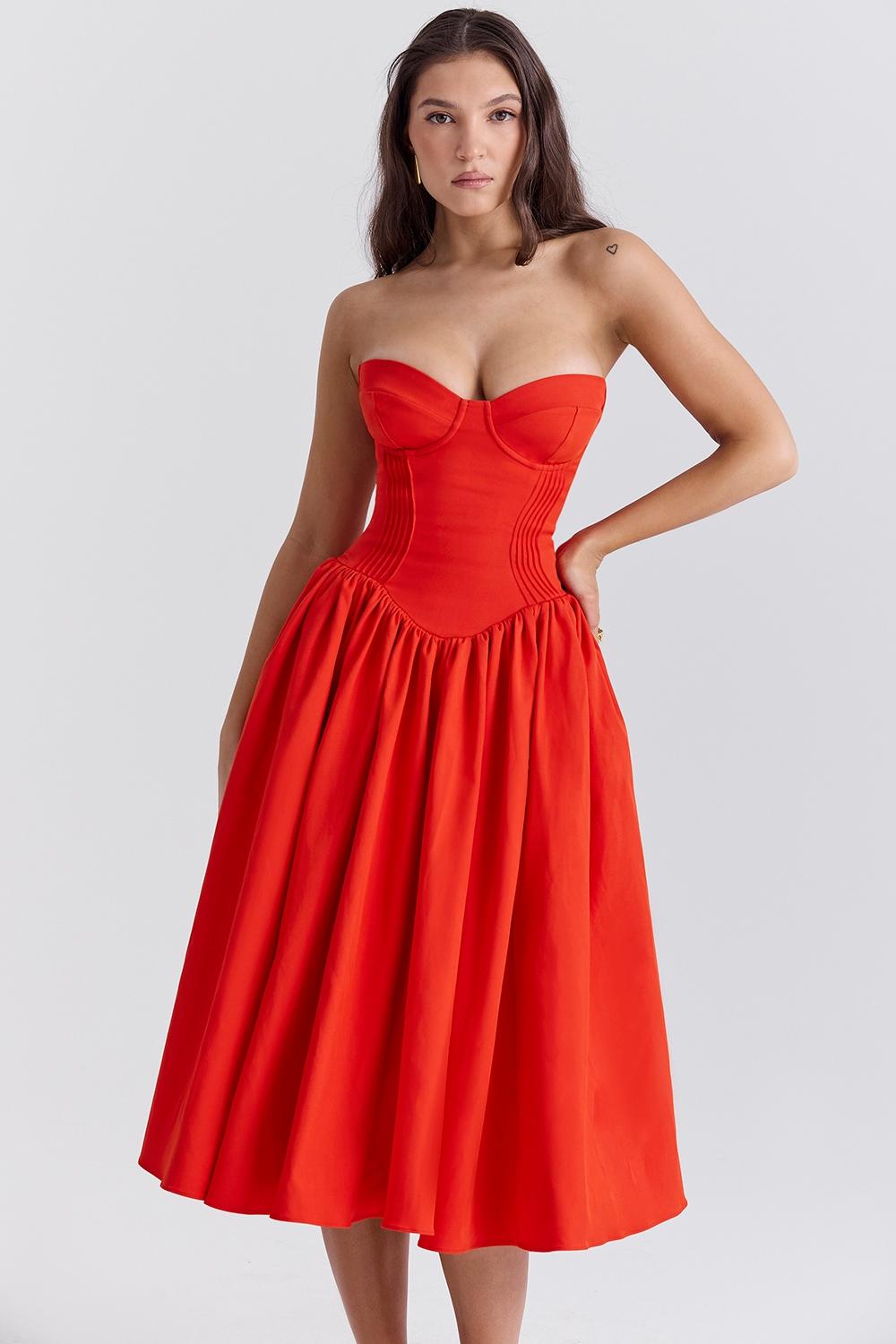 Elizabeth  italian tomato strapless midi sundress Product Image