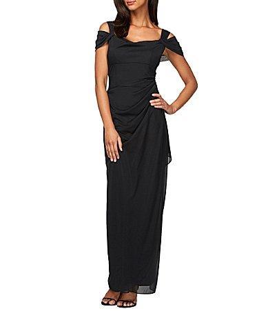 Alex Evenings Exposed Shoulder Draped Neck Cap Sleeve Ruched Waterfall Hem Mesh Gown Product Image