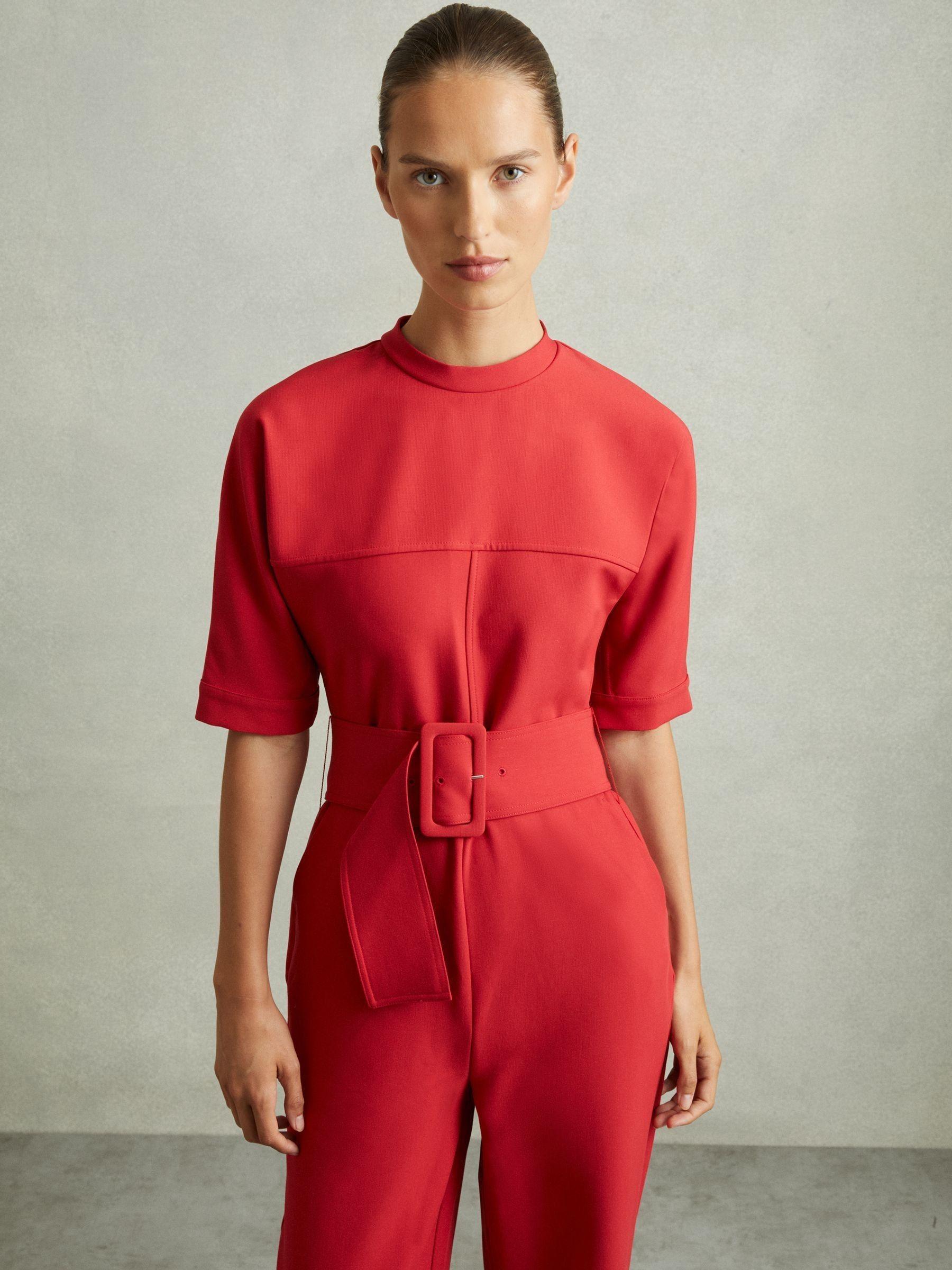 Wide Leg Belted Jumpsuit in Red Product Image