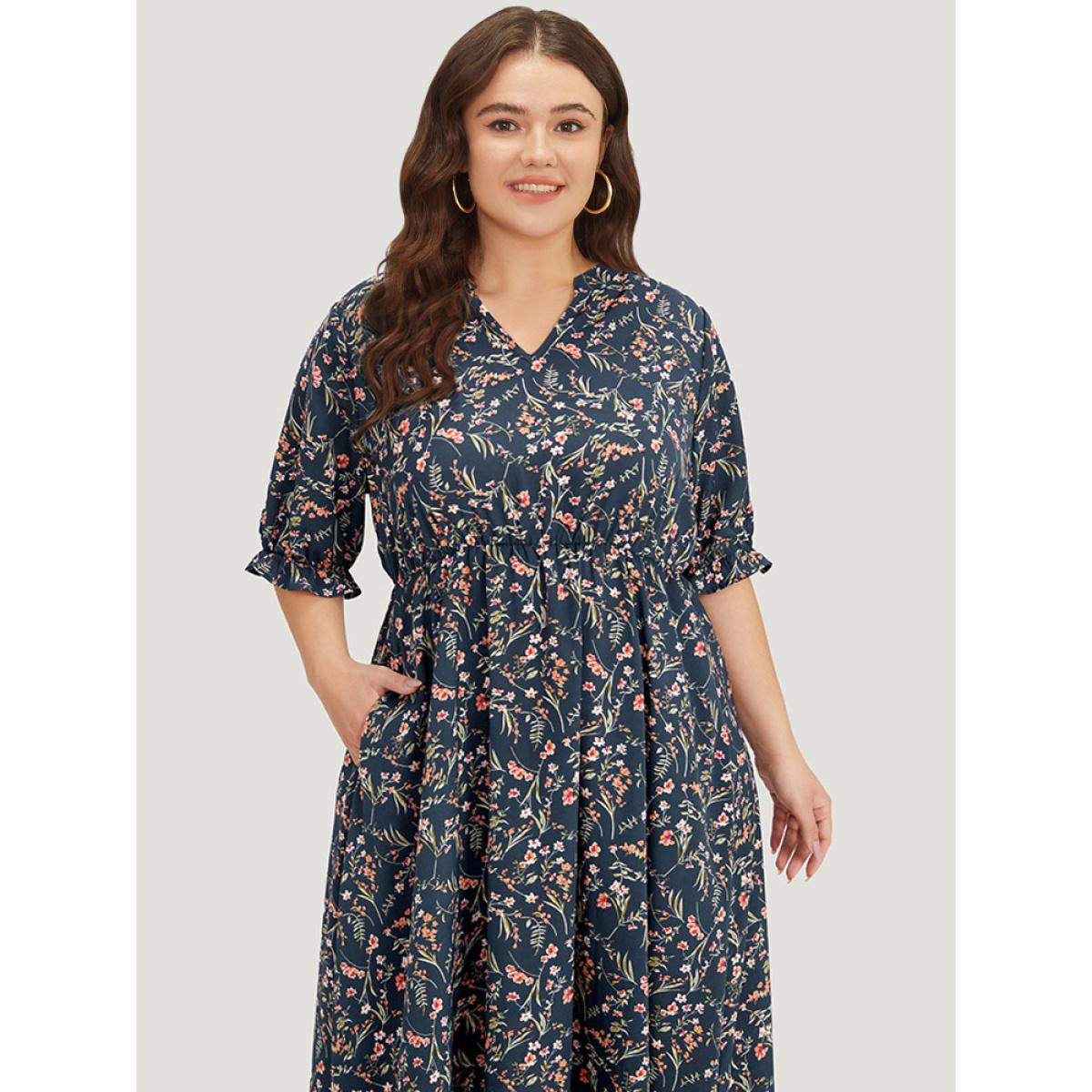 Plus Size Ditsy Floral Notched Flutter Trim Elastic Waist Dress DarkBlue Women Elegant Printed Notched collar Half Sleeve Curvy Midi Dress BloomChic 12/L Product Image