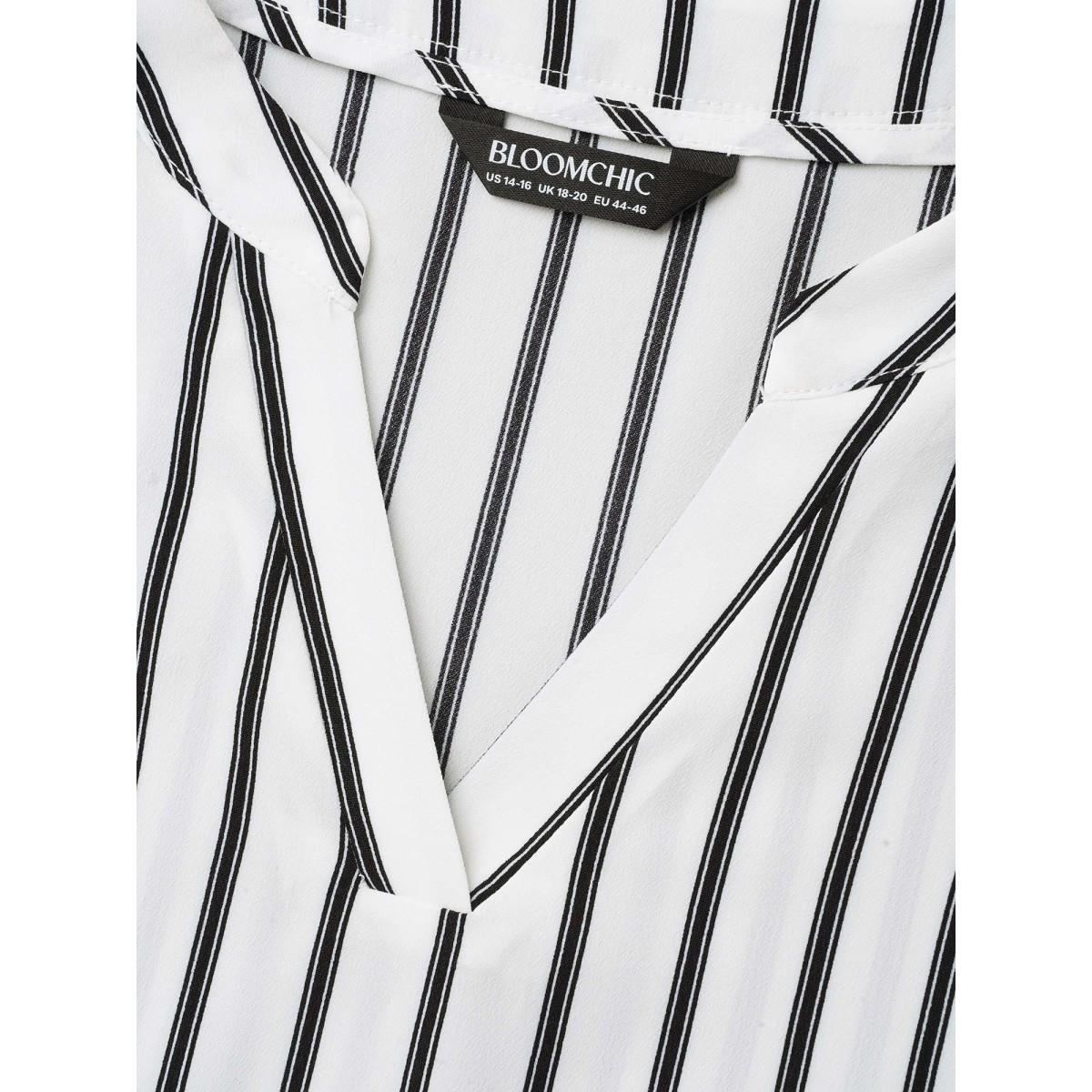 Plus Size WhiteSmoke Notched Collar Striped Tab Sleeve Shirt Women Office Elbow-length sleeve Notched collar Office Blouses BloomChic 28/5X Product Image