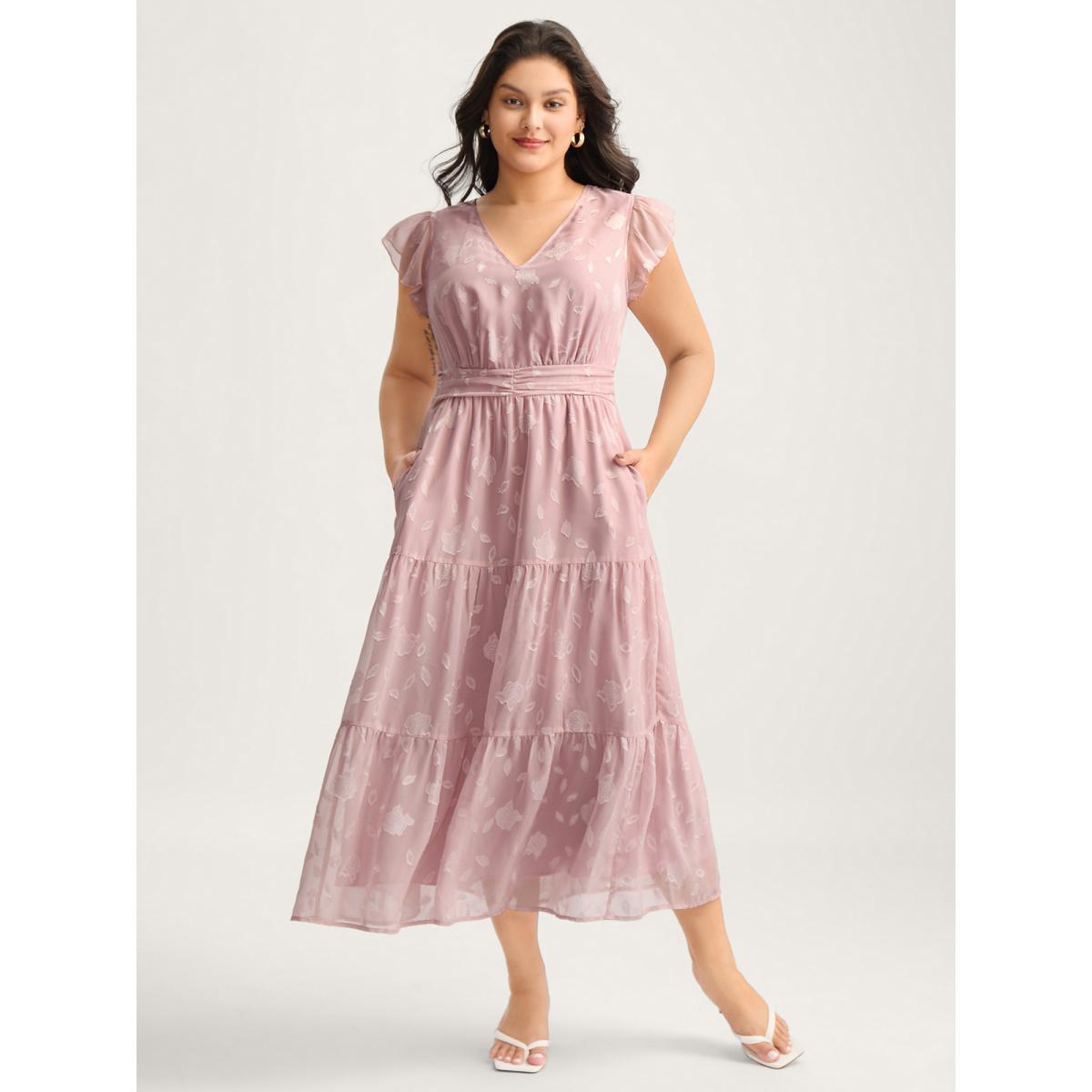 Plus Size Sweet Petals Pleated Waist Tiered Midi Dress Beanpastepowder Women V-neck Cap Sleeve Curvy BloomChic 22-24/3X Product Image