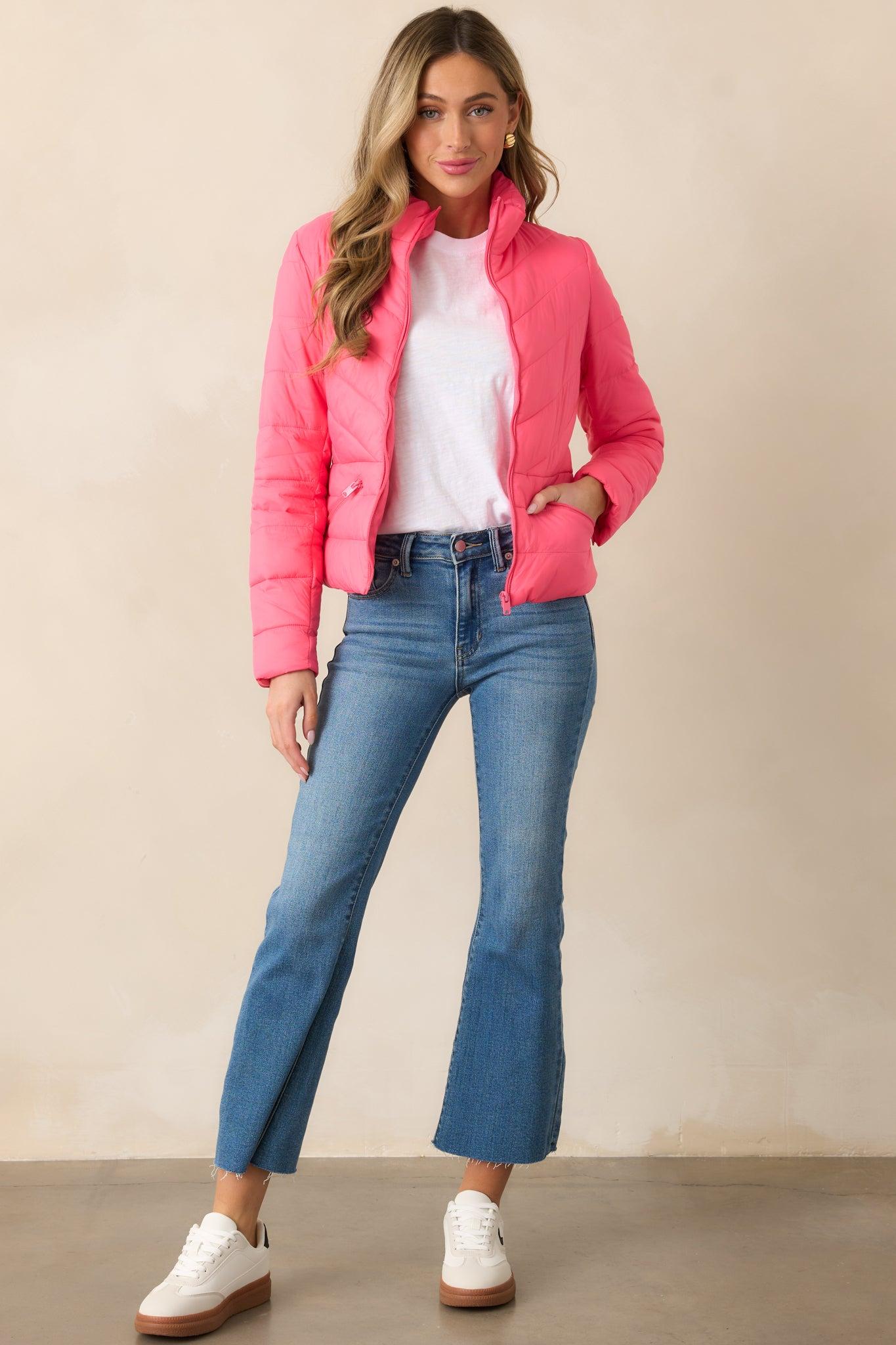 I Mean It Bright Pink Puffer Jacket Product Image