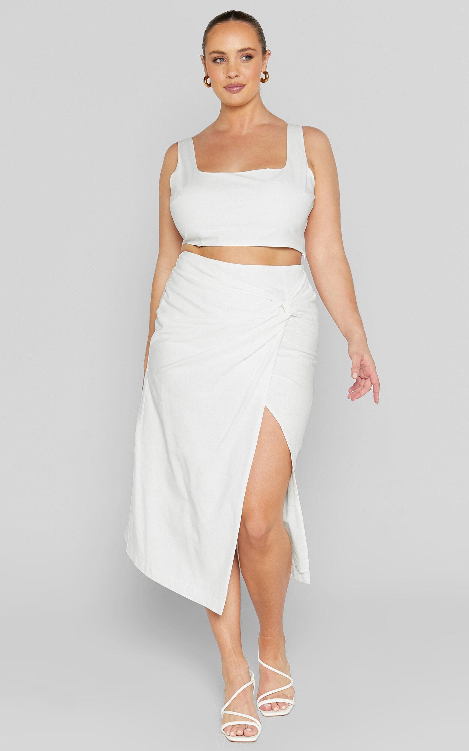 Gibson Two Piece Top and Skirt Set - Linen Crop Top and Knot Front Midi Skirt Set in White Product Image