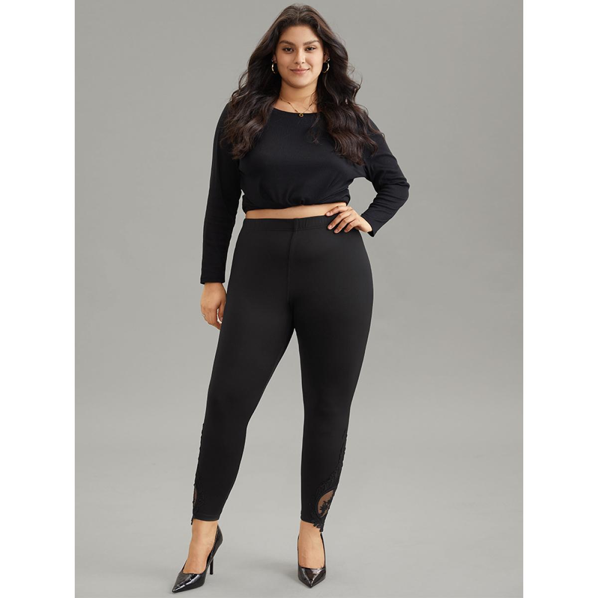 Plus Size High Rise Crochet Lace Mesh Hem Leggings Women Black Casual High stretch Skinny High Rise Dailywear Leggings BloomChic 22-24/3X Product Image