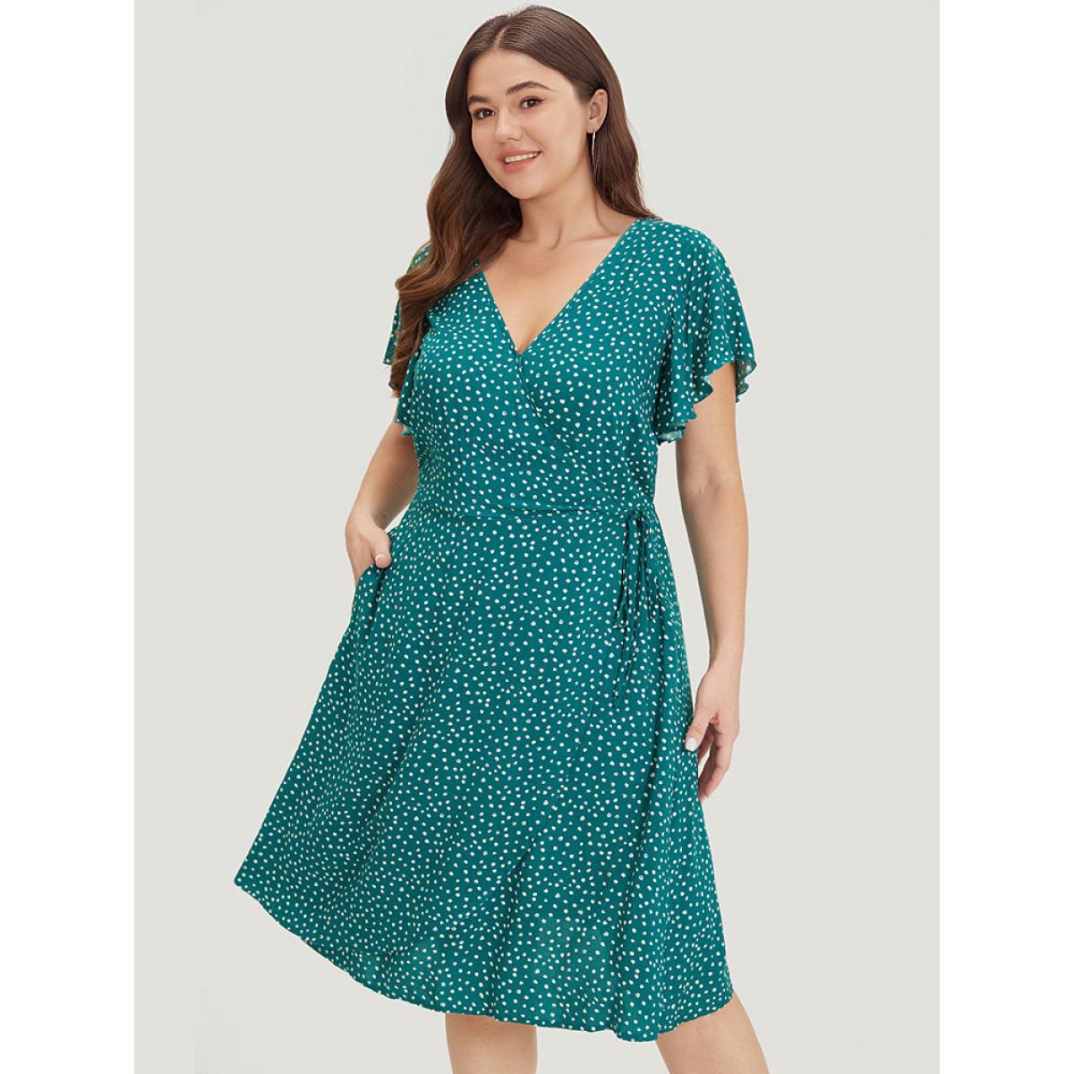 Plus Size Polka Dot Ties Wrap Hem Ruffle Cap Sleeve Dress Emerald Women Elegant Cross straps V-neck Cap Sleeve Curvy Knee Dress BloomChic 14-16/1X Product Image