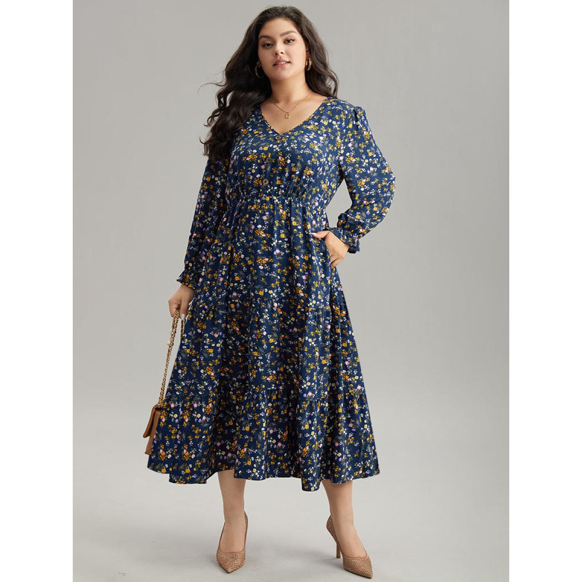 Plus Size Ditsy Floral Button Detail Ruffles Pocket Dress Navy Women Office Printed V-neck Long Sleeve Curvy Midi Dress BloomChic 14-16/1X Product Image