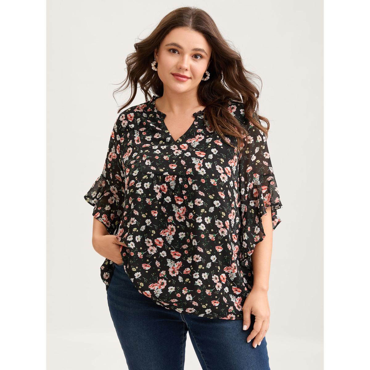 Plus Size Black Chiffon Floral Ruffled Sleeve Blouse Women Timeless Elbow-length sleeve Notched collar Elegant Blouses BloomChic 10/M Product Image