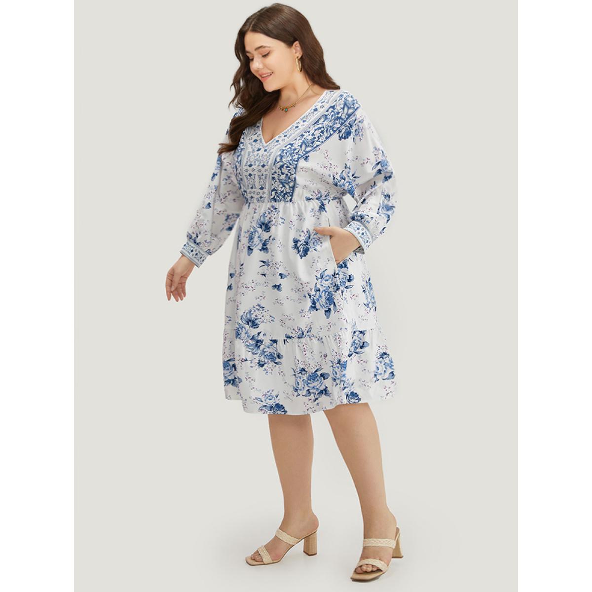 Plus Size Floral Print Lantern Sleeve Pocket Ruffle Dress Stone Women Vacation Printed V-neck Long Sleeve Curvy Midi Dress BloomChic 30/6X Product Image