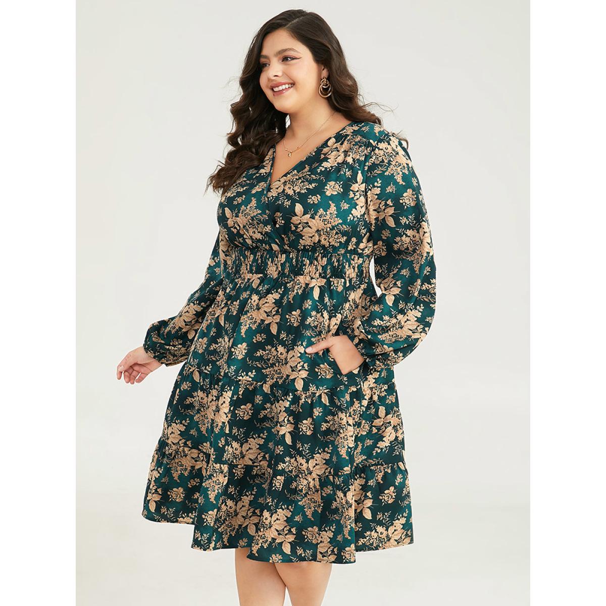 Plus Size Silhouette Floral Print Surplice Neck Shirred Dress Cyan Women Elegant Elastic cuffs V-neck Long Sleeve Curvy Midi Dress BloomChic 14-16/1X Product Image